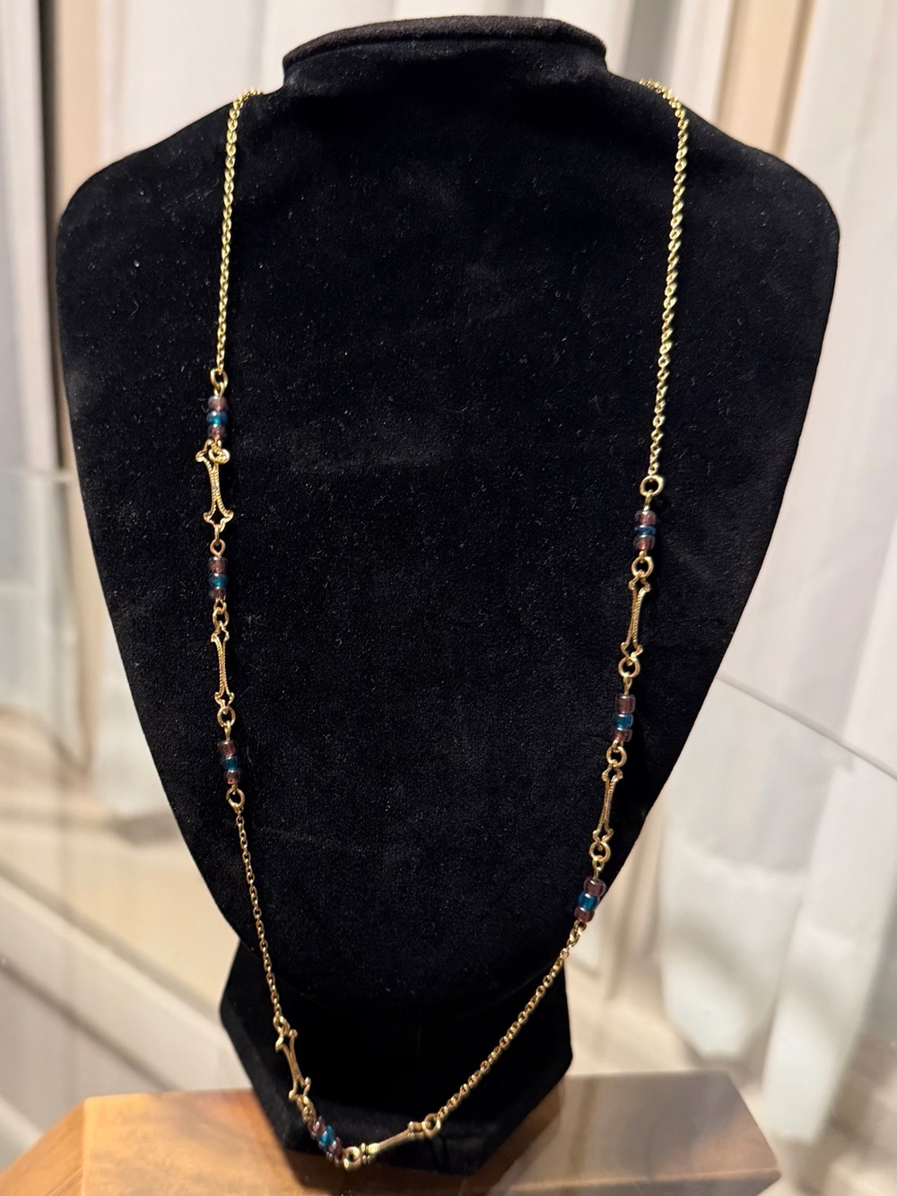 Gold Tone & Purple Long Beaded Station Necklace - Blue Accent